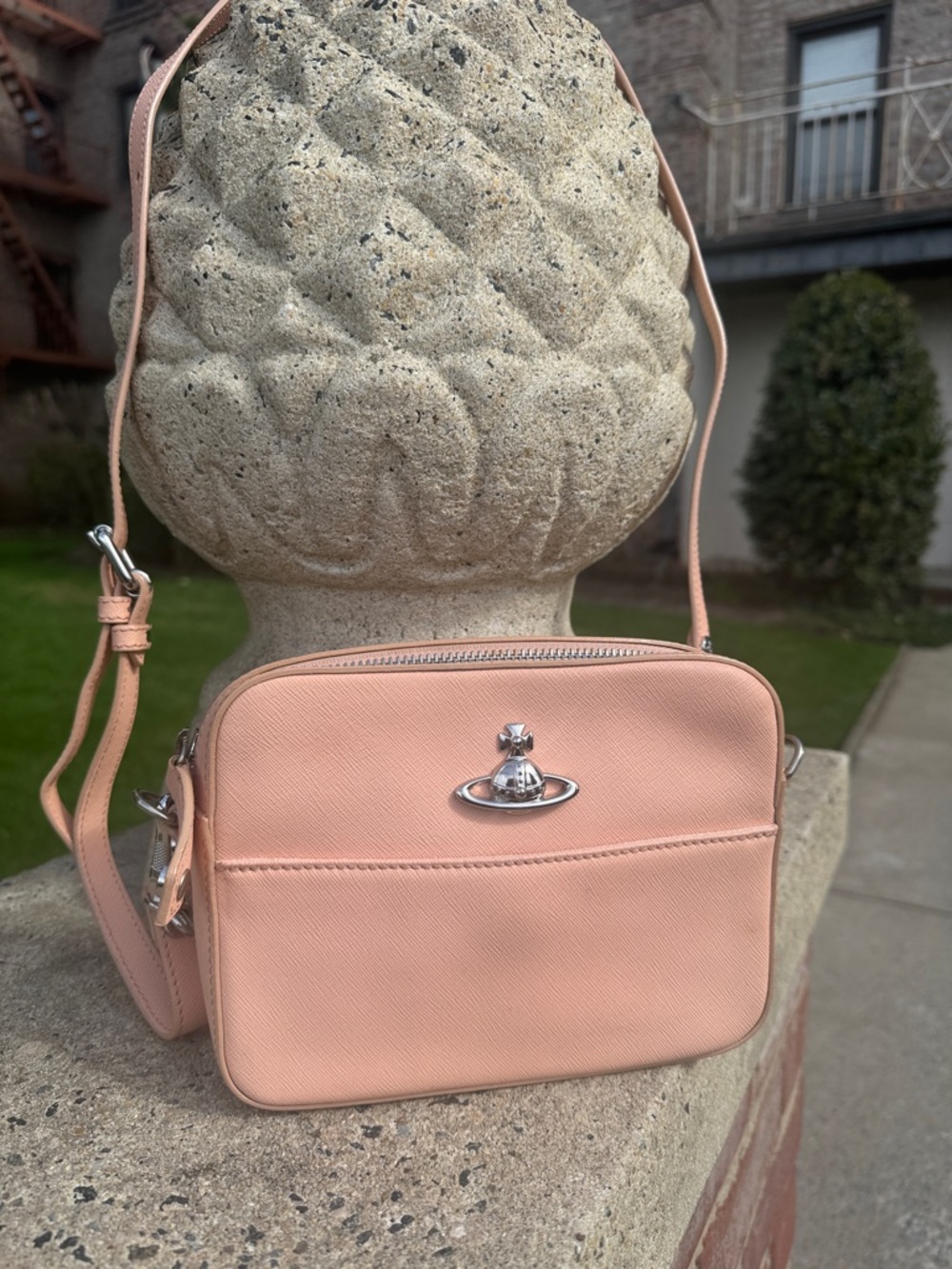 Vivienne Westwood Peachy /Pink Saffiano  Leather Crossbody Bag with Silver Orb